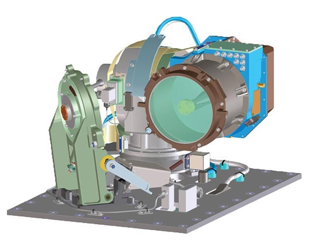 Figure 1. A computer rendering of NASA’s Lunar Laser Communication Demonstration (LLCD) optical module. It includes a 0.5-W laser transmitter, with the optical module mounted to the exterior of the LADEE spacecraft, and consists of a 4-in.-diameter telescope on a two-axis gimbal. The entire system weighs ~65 lbs. Courtesy of NASA.