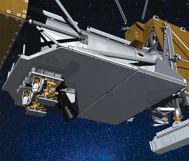 Figure 3. The Laser Communications Relay Demonstration (LCRD) payload is attached to the LCRD Support Assembly Flight (LSAF) (right). Attached to the LSAF are the two optical modules, which generate the IR lasers that transmit data to and from Earth. Courtesy of NASA's Goddard Space Flight Center.