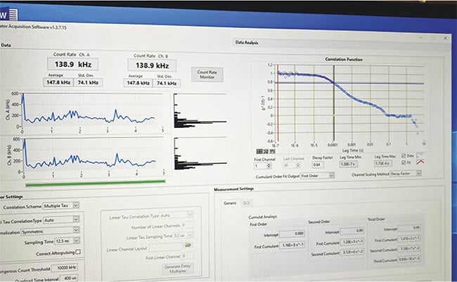 Figure 2. A screenshot of the dynamic light-scattering (DLS) test of a 74-year-old female with mild cognitive impairment and suspected Alzheimer’s disease. The PET scan was positive for amyloid protein deposition in the cerebral cortex. Courtesy of Jeffrey N. Weiss.