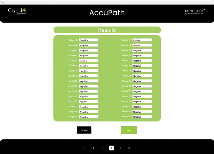 Figure 5. The AccuPath user interface delivers clear positive or negative test results from images taken of each sample. Courtesy of Crystal Diagnostics.
