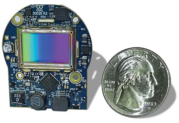 Complete digital functionality is contained in the sensor chip, meaning that only power conditioning and an external interface are needed to create a complete camera with 12-V direct current input and serial digital video output. Courtesy of OWL AI.