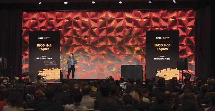 Michalina Gora-Gioux, a group leader at the Wyss Center, speaks during the 2025 BiOS Hot Topics program on the gut-brain connection. A column from Gora-Gioux on this topic appears in this edition of BioPhotonics. Courtesy of SPIE.