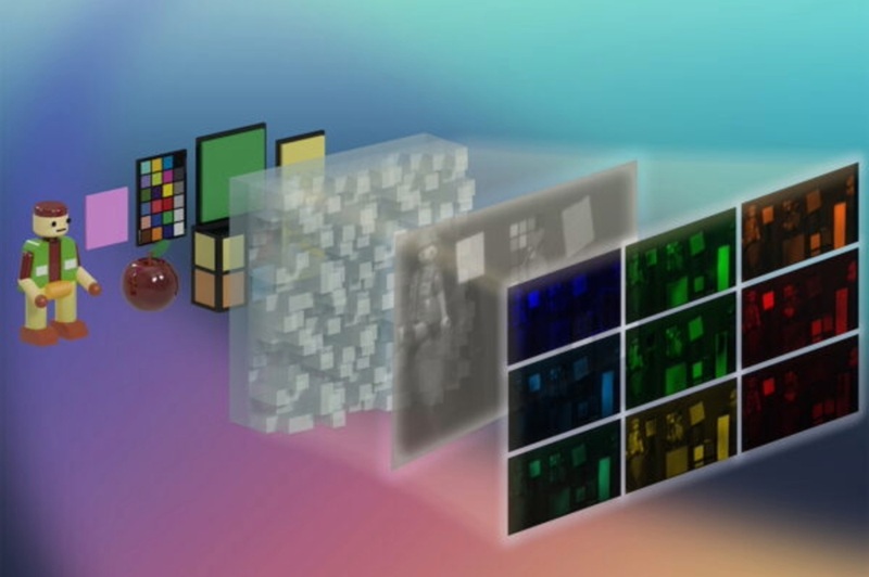 Researchers at the University of Utah have developed a computational spectral imaging system with a diffractive element that divides light into 25 different color channels, instead of three. Courtesy of the University of Utah.