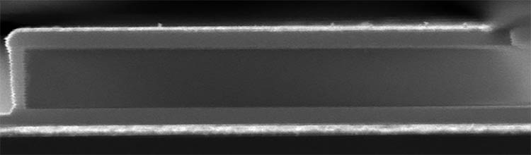 Figure 1. A scanning electron microscopy image of the cross section of a single 10-µm-wide tilting element. Courtesy of Teledyne MEMS.