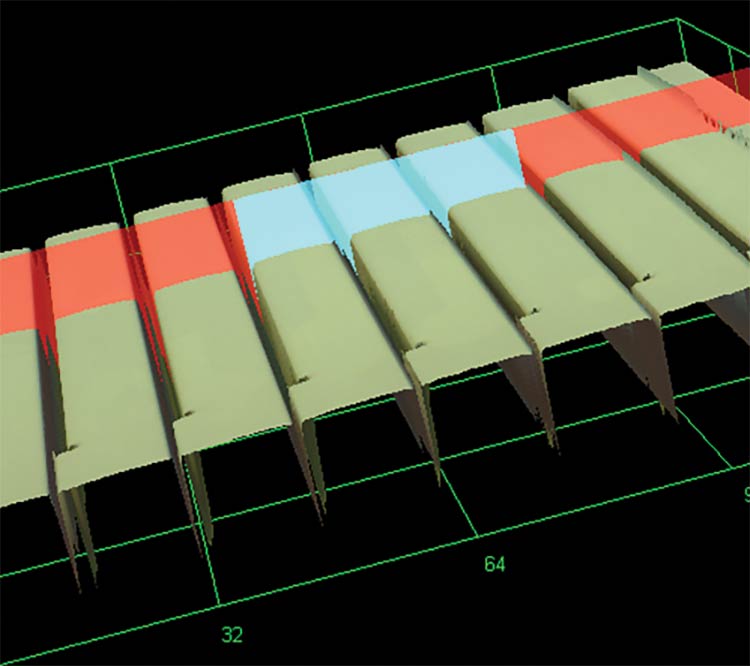 Figure 2. A confocal microscope image of undeflected elements (top). A confocal microscope image of all elements in the field of view being actuated by a single voltage input (bottom). Courtesy of Teledyne MEMS.