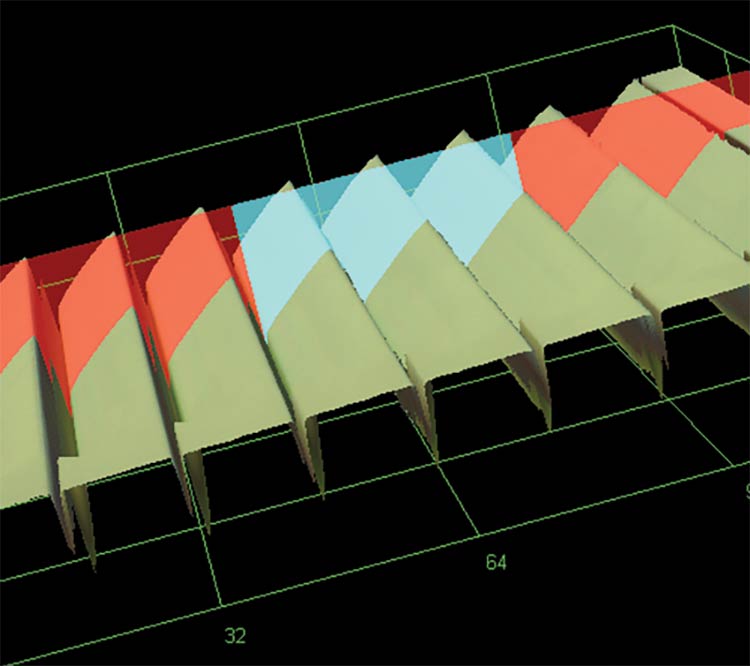 Figure 2. A confocal microscope image of undeflected elements (top). A confocal microscope image of all elements in the field of view being actuated by a single voltage input (bottom). Courtesy of Teledyne MEMS.