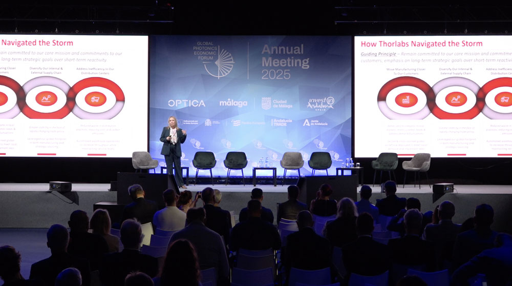 Thorlabs' president Jennifer Cable speaks at the 2025 Global Photonics Economic Forum. Courtesy of Andreas Thoss.