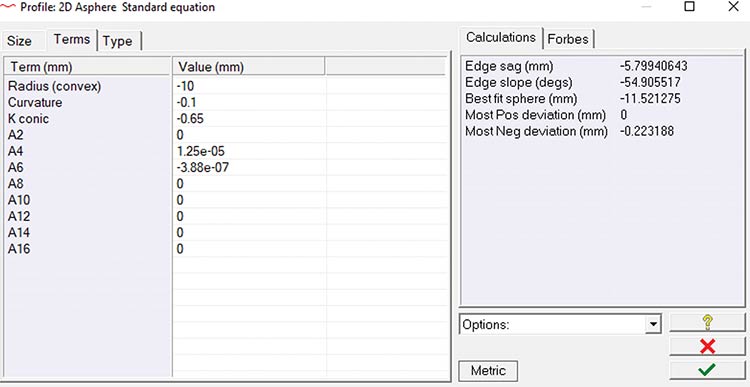 Figure 3. An example of a surface definition data entry window from DIFFSYS, software from AMETEK Precitech Inc. Spheres and rotationally symmetric aspheres are defined in the same window. Courtesy of Apollo Optical.