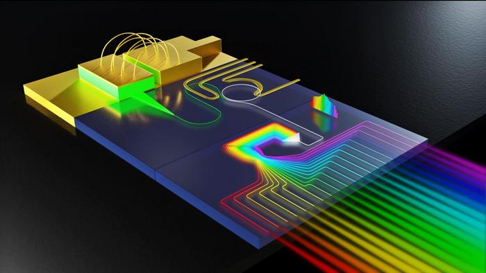 This schematic illustration shows the diffractive element in the high-power microcomb source separating comb lines spectrally.
