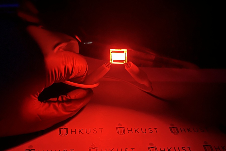 A sample of the red QR-LED with record-high efficiency developed by the research team. Courtesy of HKUST.