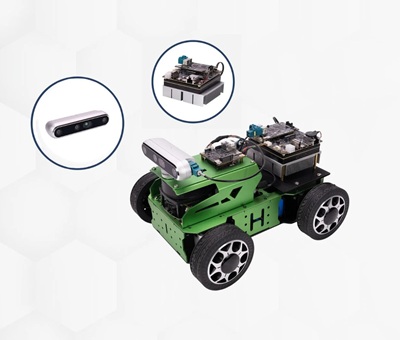 A robot car equipped with a 3D vision camera and a 6-microphone array. Courtesy of RealSense.