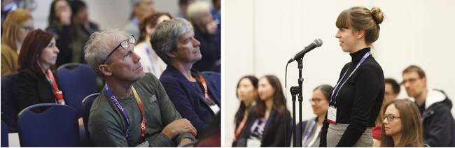 Attendees include those from all segments of biomedical research. Merle Weitzenberg asks a question during a previous program. Courtesy of Optica.