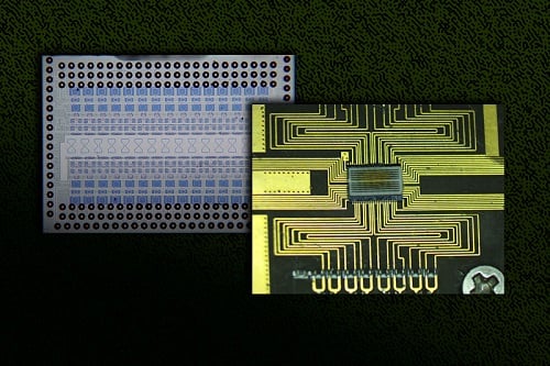 By affixing a thin, patterned sheet of material to the back of the chip, highlighted in the center and shown in the left-side micrograph, the researchers produced an efficient, yet scalable, chip-based terahertz (THz) wave generator. Courtesy of J. Wang, D. Sheen, X. Chen, S.F. Nagle, R. Han, MIT News.