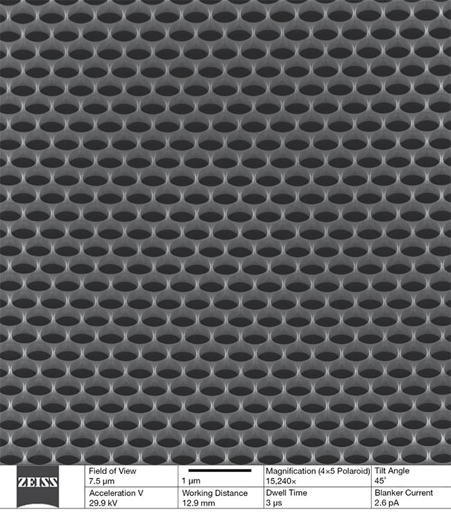 A close-up view of a silicon photonic crystal with quality factors of 10 million. Courtesy of AIM Photonics and the Air Force Research Lab (AFRL/Rome, N.Y.).