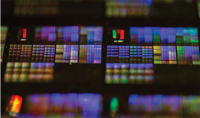 Two reticles of arrays of photonic crystal cavities. Courtesy of AIM Photonics and the Air Force Research Lab (AFRL/Rome, N.Y.).