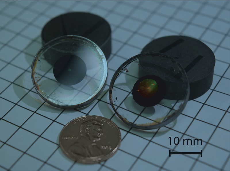 Two fully fabricated flat polarimeter samples (shown). Metasurfaces could become the foundation for future, ultra-light instruments, including space-based polarimeters. Courtesy of the Capasso Group/Harvard University.