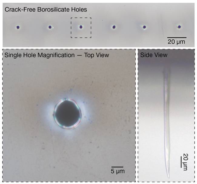 Figure 2. Lithium Lasers’ ultrafast technology, enabling an end user to realize holes in a glass material. Courtesy of Lithium Lasers.