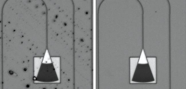 Figure 3. Dry laser cleaning, a critical application for the semiconductor industry, shown via a laser emitting at 2.8 µm (left). An example of selective residue removal in a grating coupler before cleaning (far left), compared with after the cleaning. Courtesy of Femtum.