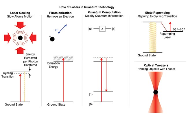 Figure 2. The various roles of a laser’s function in quantum technologies. The electromagnetic field can be used to control the entire atom by slowing down its motion, or to control the quantum state of an electron. Courtesy of Vexlum Ltd.