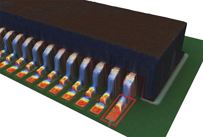 A solder joint on a circuit board undergoing 3D vision inspection using colored illumination to indicate flat areas (red), moderate-angle areas (green), and steep-angle areas (blue). The solder joint highlighted by the box is defective. Courtesy of Omron.