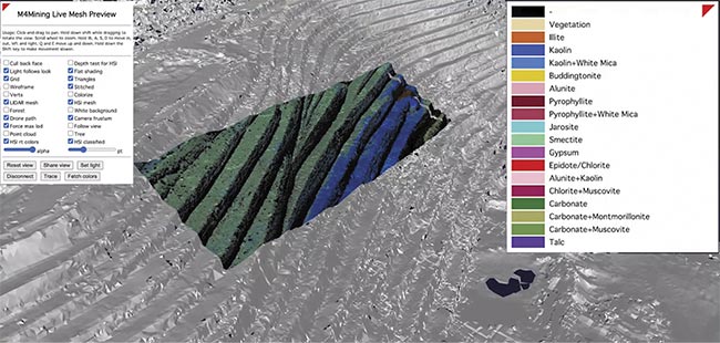 A screenshot of the 3D visualization software showing mineral maps of an open-pit mine in real time during flight. Courtesy of HySpex by NEO.