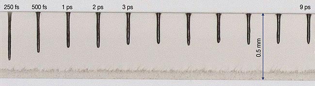 Percussion drilling of 0.5-mm-thick Eagle XG glass. Taper-free holes are fabricated by depositing only 800 single femtosecond pulses/hole with varying pulse duration between 250 fs and 9 ps. Taper does not appear until a hole depth of ~450 µm is reached. Courtesy of Fluence.technology.