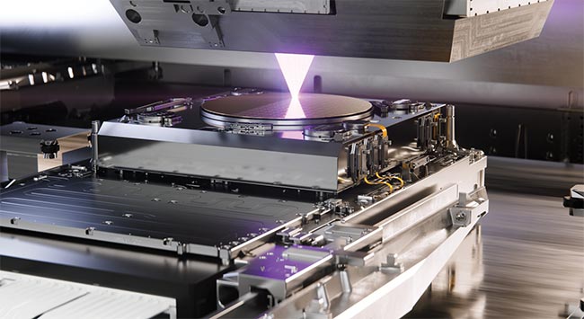 A manufactured wafer is exposed in a high-numerical aperture (NA) extreme-ultraviolet (EUV) system (impression). Courtesy of ASML.