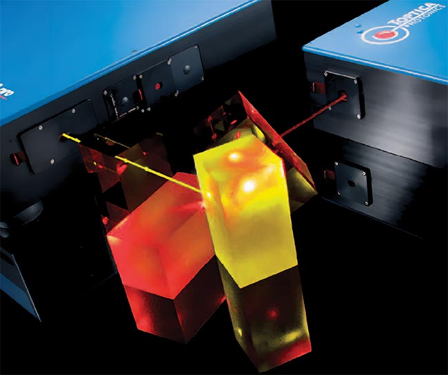 Tunable diode lasers — shown here using tapered semiconductor amplifiers — provide high power and more wavelengths. Their emergence sparked possibilities in industrial and medical laser applications. Courtesy of TOPTICA Photonics AG.