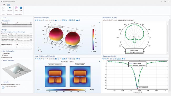 Figure 2. The antenna app user interface. The design parameters are shown, along with comparisons between the surrogate model and FEM model results.. Courtesy of COMSOL.