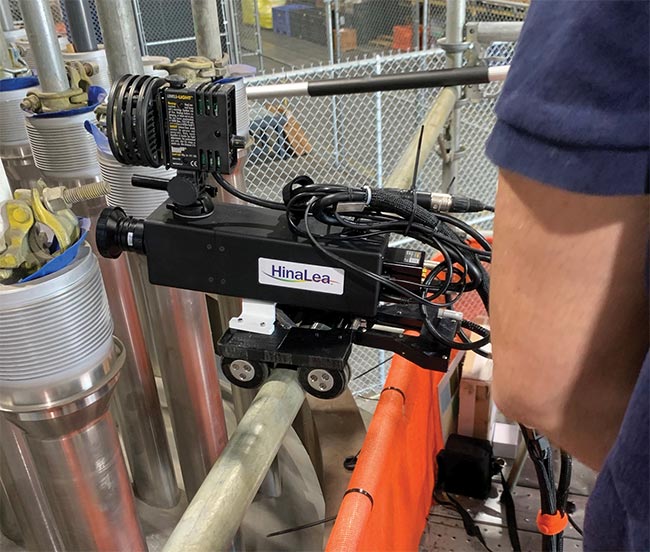 Hinalea’s Model 4400, mounted to a ‘magnetic crawler,’ images a decommissioned nuclear reactor head (top). The hyperspectral camera is tested for its ability to detect pipe leaks by identifying the presence of boric acid corrosion (bottom). Courtesy of Hinalea.