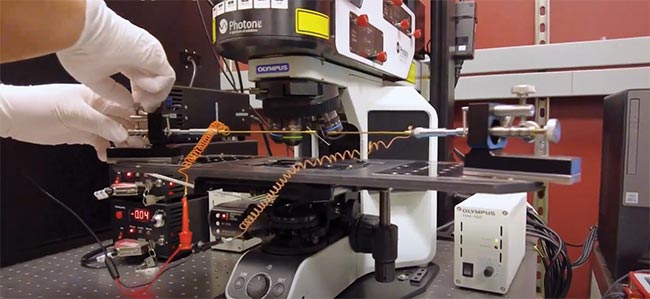 Data cubes of active-matrix organic light-emitting diode (AMOLED) displays from smartphone and tablet displays were captured and compared using a Hinalea Imaging VNIR hyperspectral camera to identify spectral and uniformity differences (top). A setup for electroluminescence hyperspectral microscope imaging of photovoltaic materials (bottom). Top image courtesy of Hinalea; bottom image courtesy of Photon etc.