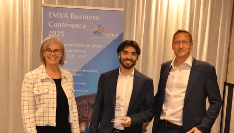 (From left) EMVA board member Petra Thanner, Rolandos Alexandros Potamias, and EMVA president Chris Yates. Courtesy of EMVA