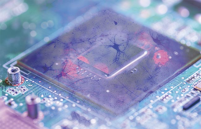 A neuron superimposed on a chip. Chip-based imaging is enabling a new generation of diagnostics. Courtesy of iStock.com/jxfzsy.