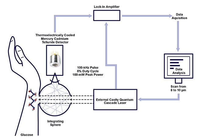 The concept of a MIR noninvasive glucose measurement on the skin using quantum cascade laser (QCL)-based spectroscopy. Courtesy of VIGO Photonics.