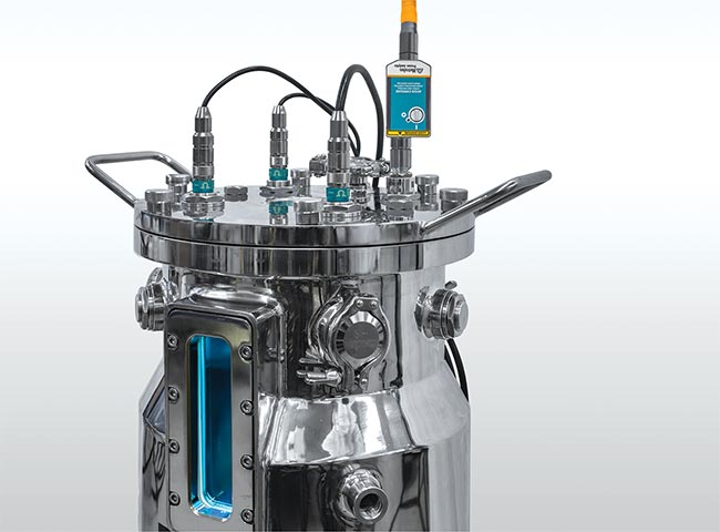 A Raman fiber optic probe is inserted into a bioreactor to monitor cell growth under sterile conditions. Courtesy of Metrohm.