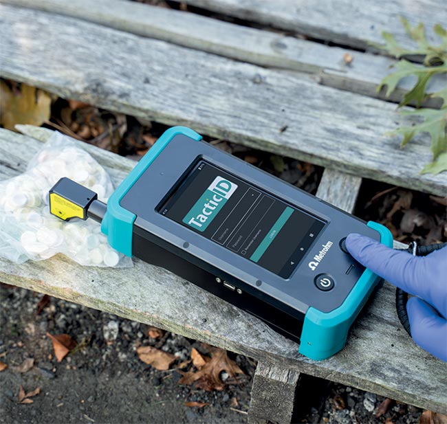 A hand-held Raman analyzer is used to measure through an opaque container to reliably identify gasoline (top). A liquid sample is placed into a vial holder accessory of a Raman analyzer for identification (middle). A Raman analyzer is used to determine the presence or absence of narcotics in a plastic bag (bottom). A right-angle sampling accessory allows the operator to contact the sample without exposure. Courtesy of Metrohm.