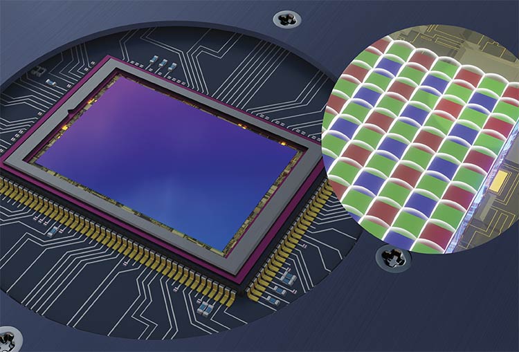 An enlarged digital camera backside-illuminated matrix and a full view of a modern digital photography sensor. Courtesy of iStock.com/atdigit.