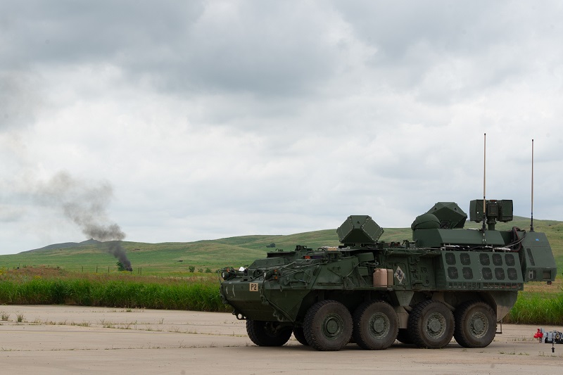 Directed Energy DE M-SHORAD in action at Fort Sill, demonstrating the future of air defense during a live-fire exercise. Courtesy of U.S. Army/Jim Kendall.