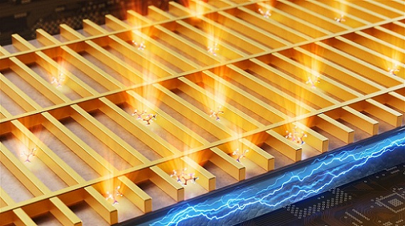 A metasurface of gold nanowires drives quantum light emission and concentrates the resulting light waves to detect molecules. Courtesy of Ella Maru Studio/BIOS EPFL CCC BY SA 4.0.
