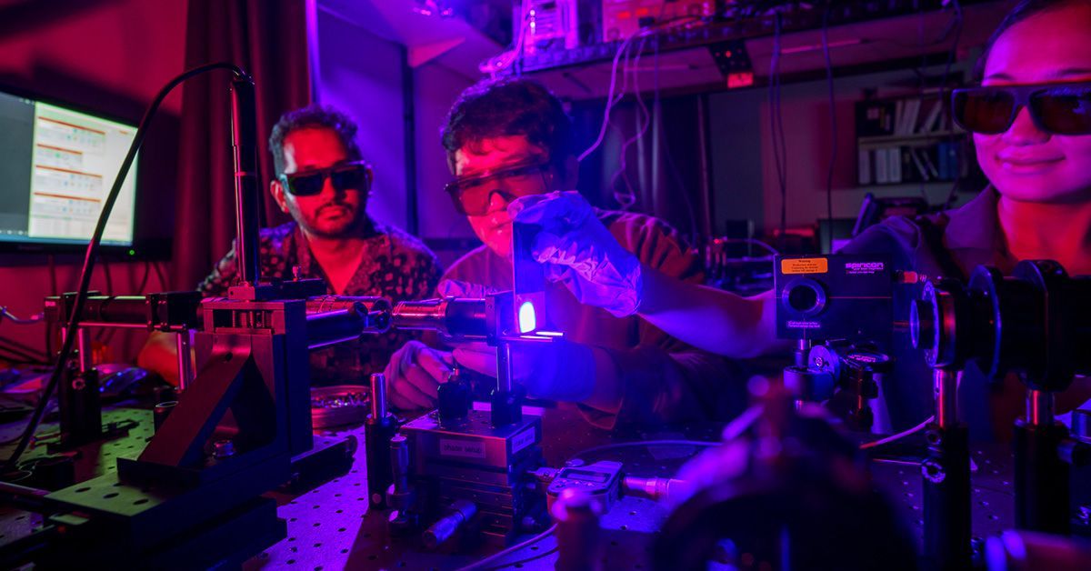 Researcher Jeongho Ha (center) is part of a team that developed the first photonic devices that are both highly sensitive and robust. Courtesy of UC San Diego Jacobs School of Engineering/David Baillot.