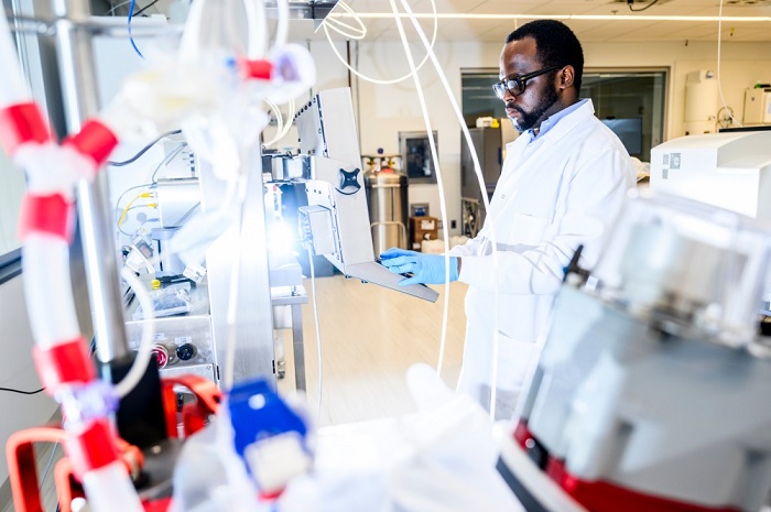 Northeastern University researcher Fleury Augustin Nsole Biteghe has developed a method to reduce the damage to healthy tissue when treating melanoma and triple negative breast cancer with chemotherapy. Courtesy of Northeastern University/Matthew Modoono.
