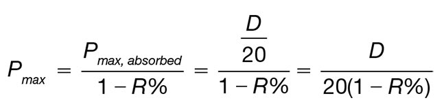 Equation 1. A representation of the relationship between the maximum power (Pmax) output of the laser and the scan head performance. Pmax must be compatible with the scan head’s mirror aperture size (D) and mirror reflectivity (R). Courtesy of Novanta.