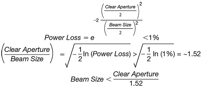 Equation 2. A calculation of the power loss and ratio for Gaussian beams. To ensure that 99% of the laser beam’s energy passes through the scan head, this calculation indicates that a safety factor of ~1.5× should be applied between the beam size — given as the 1/e2 value — and the clear aperture. Courtesy of Novanta.
