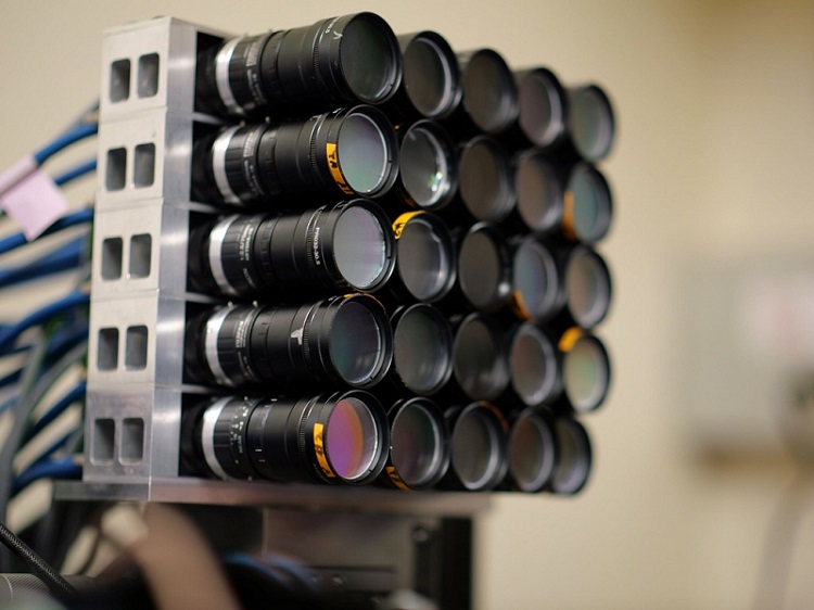 Researchers developed a new microscope that combines diffractive optics with 25 tiny cameras (pictured) to simultaneously image at multiple depths. Courtesy of UCSC/Eduardo Hirata Miyasaki
