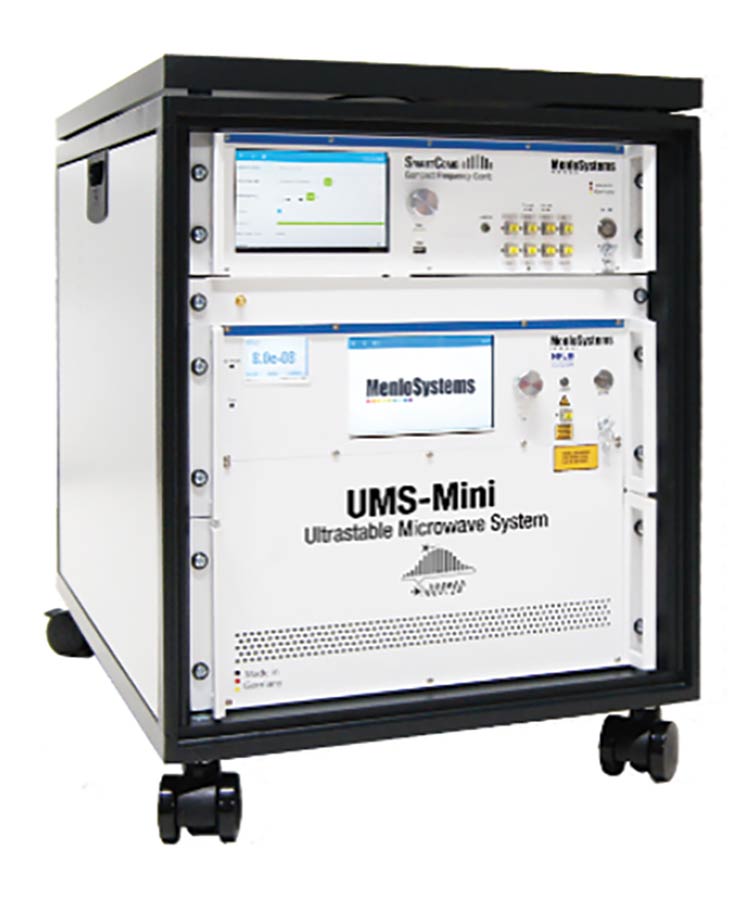 Figure 4. The development of integrated ultrastable microwave systems (UMS) required years of dedicated R&D and integration engineering. Today, these systems can be compactly housed in rack-mounted, portable devices, making them accessible to a wide range of end users. Courtesy of Menlo Systems.