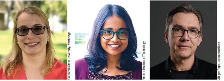 More than 20 sessions on microscopy, spectroscopy, and imaging will be available October 14 to 16 during the BioPhotonics Conference. (From left) Anna Bezryadina, Avani Premprakash, and Jürgen Popp are speakers in the program. Registration for the event is free. Anna Bezryadina image courtesy of California State University, Northridge; Avani Premprakash image courtesy of Vellore Institute of Technology; Jürgen Popp image courtesy of Jürgen Popp, Leibniz Institute.