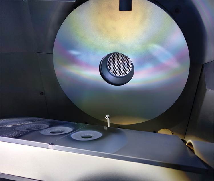The ion-beam sputtering (IBS) method ensures a high degree of process control. This method can be used to create homogeneous layers that can be accurately modeled — crucial for stable and accurate process control and for shape-matching target filter curves. Courtesy of Admesy.