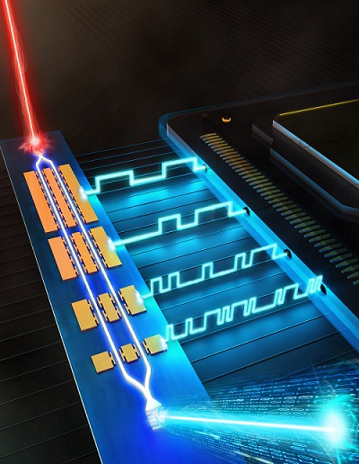 An artist’s depiction of the electro-optic digital-to-analog converter, depicting high-speed information transfer between electronics and optics. Courtesy of Second Bay Studios/Harvard SEAS. 