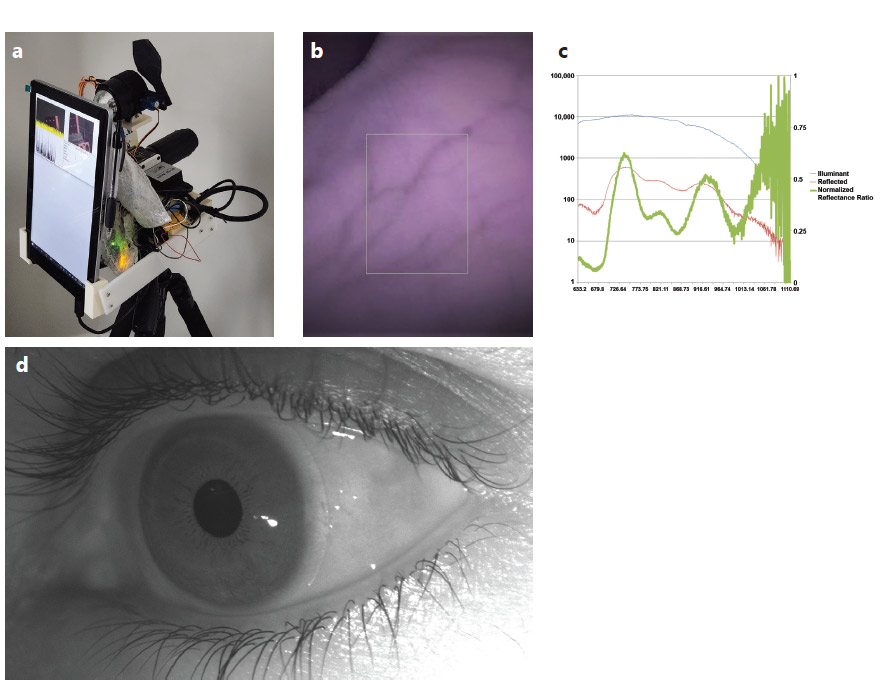Figure 3. The first ‘foveated spectral imager’ proto-type, circa 2016 (a). A typical image displayed on the viewfinder, with the white box outlining the calibrated region of the scene from which light enters the spectrometer slit (the spectrometer’s ‘receptive field’) (b). The first successful demonstration of noncontact snapshot acquisition from afar of a spectral signature — here, of a shamrock leaf — despite the presence of ambient light, without blackout drapes or white reference standards (c). Cross polarizers were added because human skin is shiny in near-infrared (NIR), mucosal membranes are shiny even in visible light, and specular reflections obscure the spectral signature of the underlying material (d). Courtesy of ORCA Med.