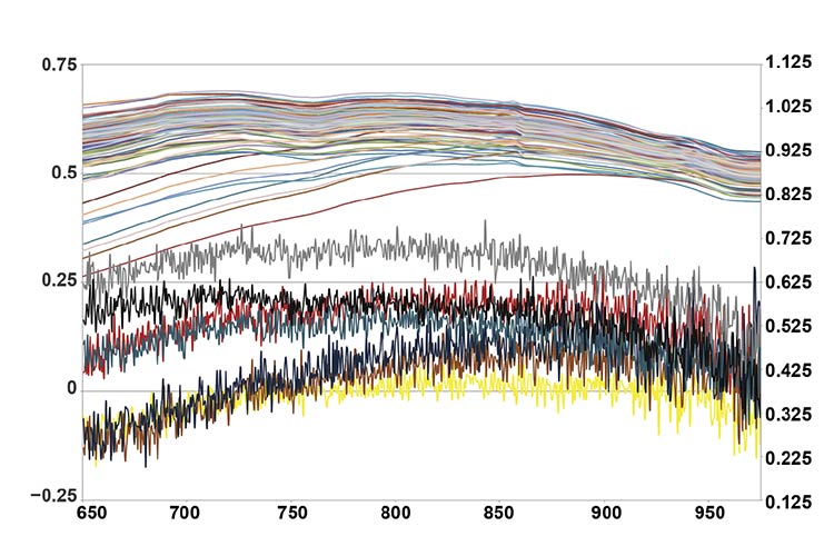 Figure 5. Reflectance spectra from a range of skin phenotypes, obtained by colleagues at NIST (top), versus the prototype (bottom). Many — but not all — traces cross at various wavelengths within the 650- to 1000-nm range. This is the wavelength range over which most photonic pulse and tissue oximeters operate. Visual assessments and objective measurements limited to the visible range cannot predict how an individual’s skin will measure in different NIR bands. This affects the reliability of pulse oximeter calibration processes, for which the FDA released updated draft guidance in January 2025. Courtesy of ORCA Med.